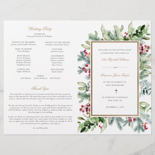 Ava Christmas Greenery Katholic Wedding Program (Vorderseite)