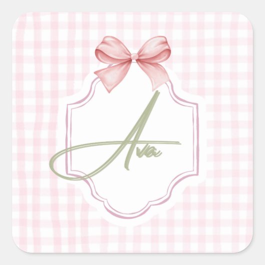 Ava Personalisiert Pink Bow & Gingham Print Quadratischer Aufkleber (Vorderseite)
