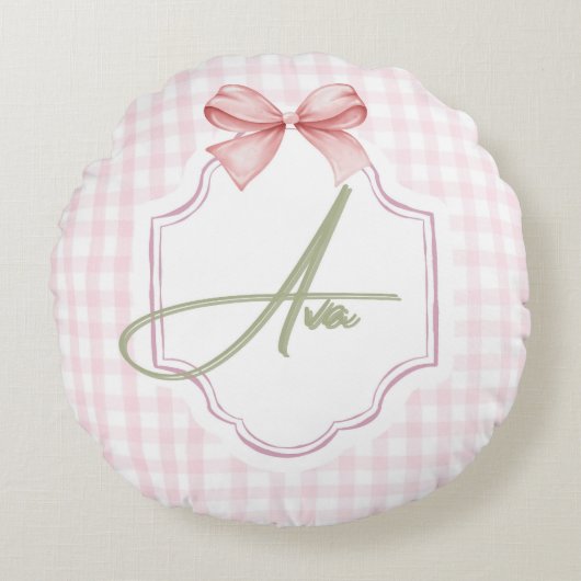 Ava Personalisiert Pink Bow & Gingham Print Rundes Kissen (Vorderseite)