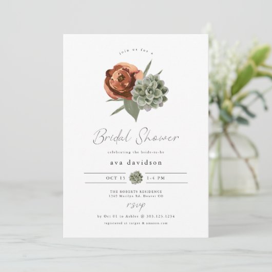 AVA Terracotta Floral Sukkulter Fall Brautparty Einladung (Stehend Vorderseite)