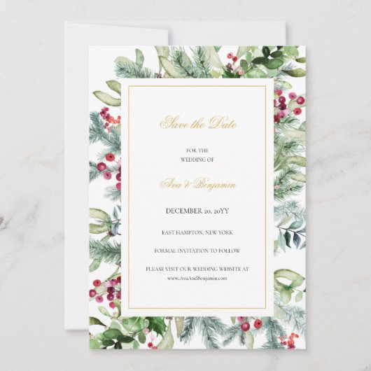 Ava Winter Greenery Berries Wedding Save The Date (Vorderseite)
