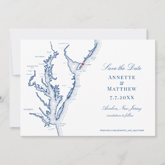 Avalon NJ Map Elegant Navy Blue Wedding Save The Date (Vorderseite)