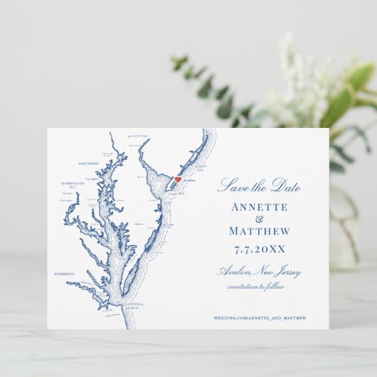 Avalon NJ Map Elegant Navy Blue Wedding Save The Date (Stehend Vorderseite)