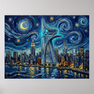 Avengers Tower Sternennacht Comic-Landschaft Poster