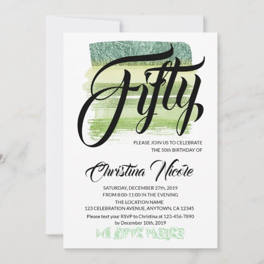 Aventurine Green Glitzer Brushes FIFTY Birthday Einladung (Vorderseite)