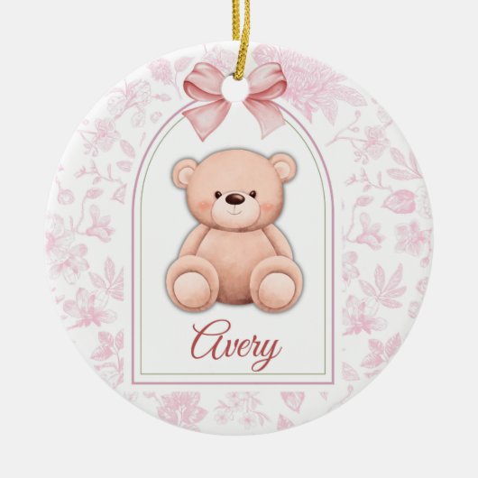 Avery | Benutzerdefiniertes rosa Teddy-Bär-Kinderz Keramik Ornament (Vorne)