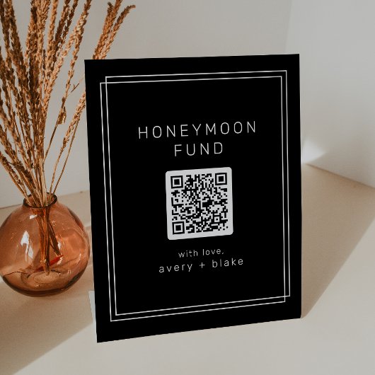 AVERY Black Modern QR Code Wedding Honeymoon Fund Sockelschild