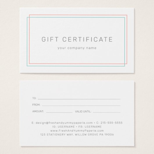 AVERY Coral and Teal Business Gift Certificate (Vorne & Hinten)