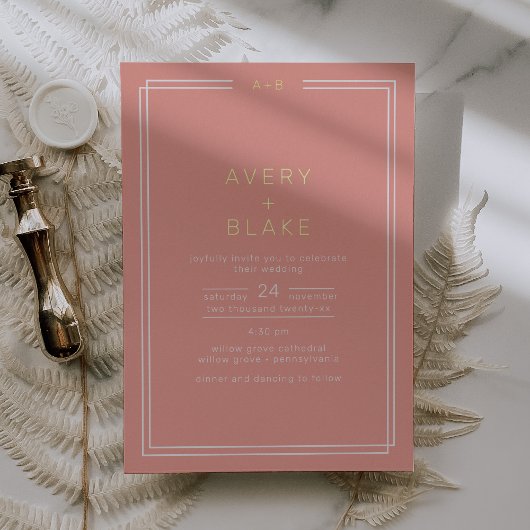 AVERY Minimal Blush Peach Coral Gold Foil Hochzeit Folieneinladung