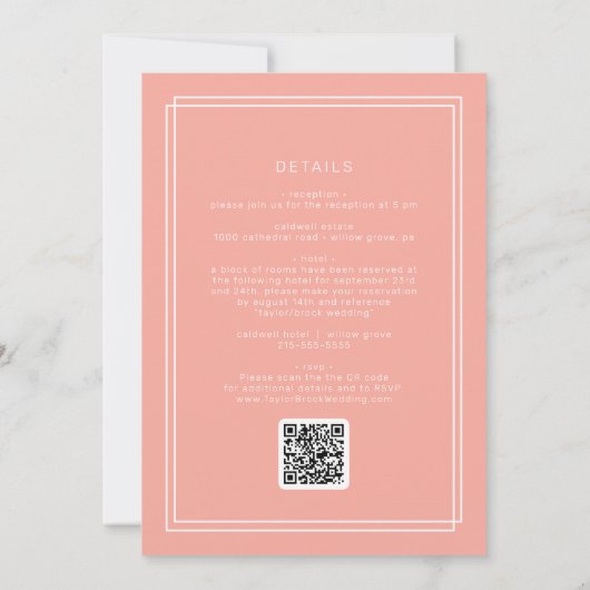 AVERY Minimal Blush Peach Coral QR Code Hochzeit Einladung (Rückseite)