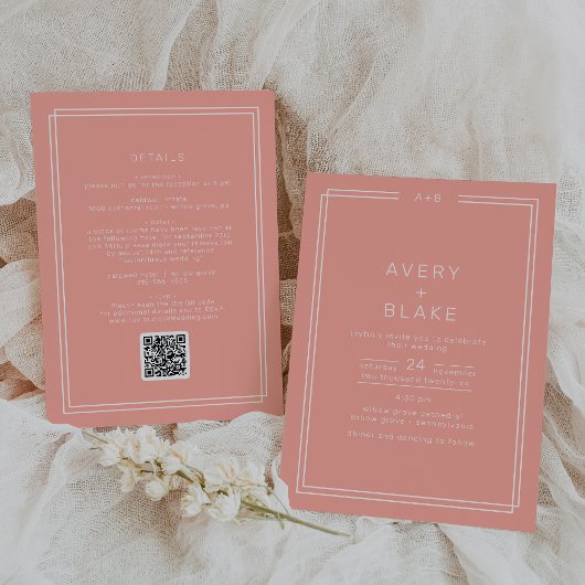 AVERY Minimal Blush Peach Coral QR Code Hochzeit Einladung