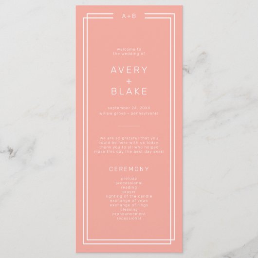 AVERY Minimal Blush Peach Soft Coral Wedding Programm (Vorderseite)