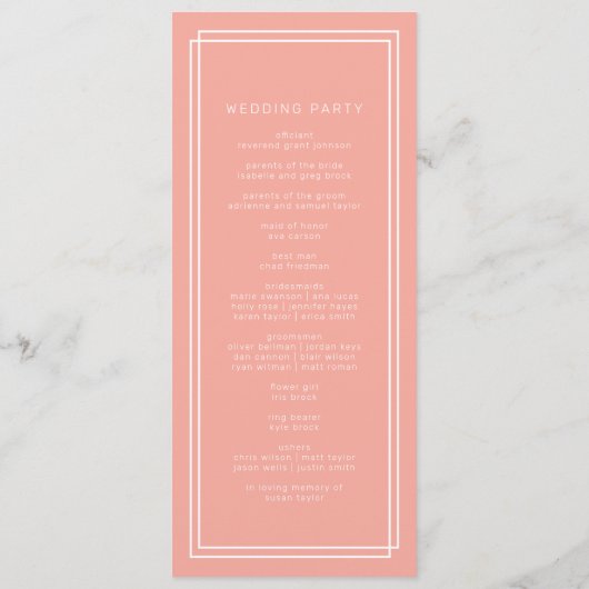 AVERY Minimal Blush Peach Soft Coral Wedding Programm (Rückseite)