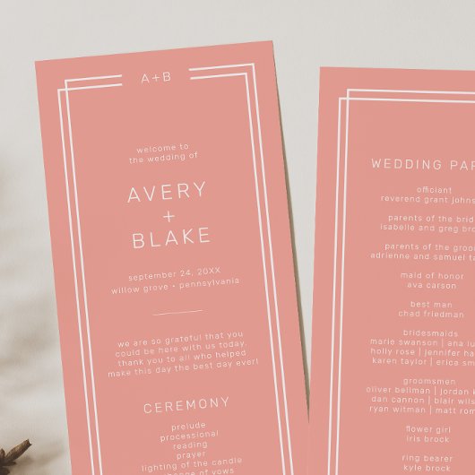 AVERY Minimal Blush Peach Soft Coral Wedding Programm