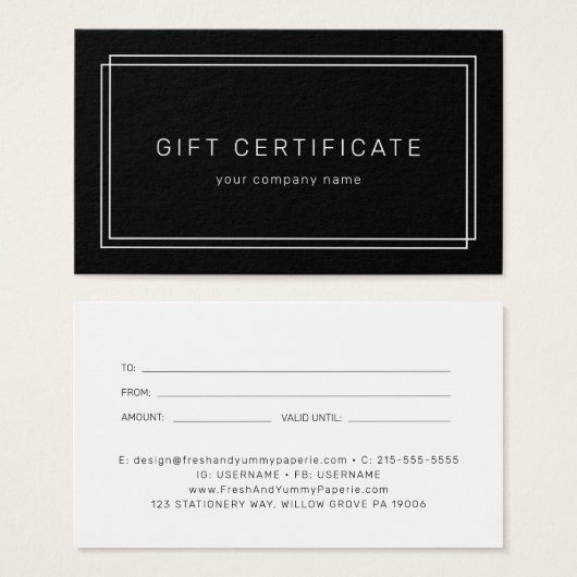 AVERY Modern Black Business Gift Certificate (Vorne & Hinten)