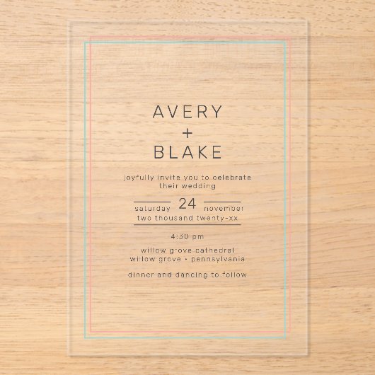 AVERY Modern Coral Aquamarin Akryllische Hochzeits Acryleinladungen (Vorderseite)