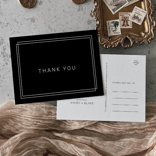 AVERY Modern Dark Black Wedding Vielen Dank Postkarte