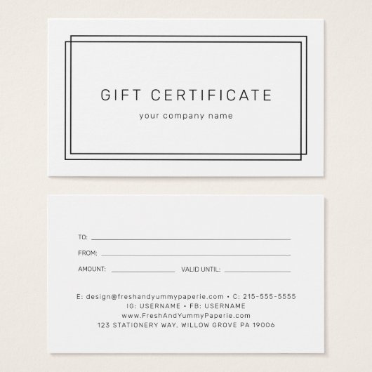 AVERY Modern Minimalist Business Gift Certificate (Vorne & Hinten)