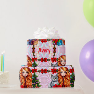AVERY ~ Weihnachtsmädchen und Katze ~ Geschenkpapier