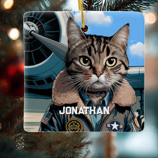 Aviation Cat Pilot and Airplane Funny Custom Keramikornament