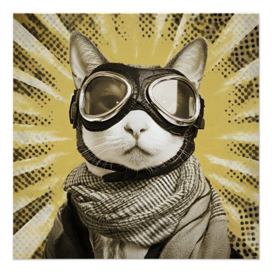 Aviator Cat Goggles Sunburst Portrait Poster (Vorderseite)