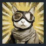 Aviator Cat Goggles Sunburst Portrait Poster<br><div class="desc">A fearless feline aviator gazes straight ahead through oversized leather goggles with shining chrome rims. A cozy plaid scarf wraps the neck while dramatic golden sunburst rays explode behind, studded with dark speckles like an old propeller-plane poster. Warm sepia fur tones contrast the bold retro halo, blending vintage adventure, quiet...</div>