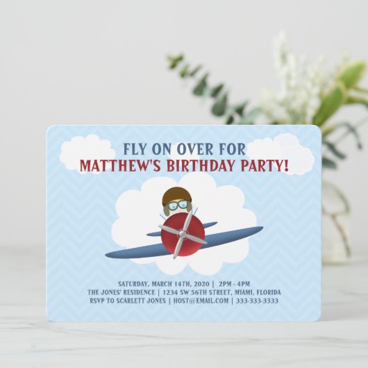 Aviator und sein Flugzeug Einladung (Stehend Vorderseite)