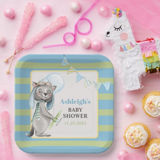 Aviator Wolf, Stripte Babydusche Pappteller (Party)