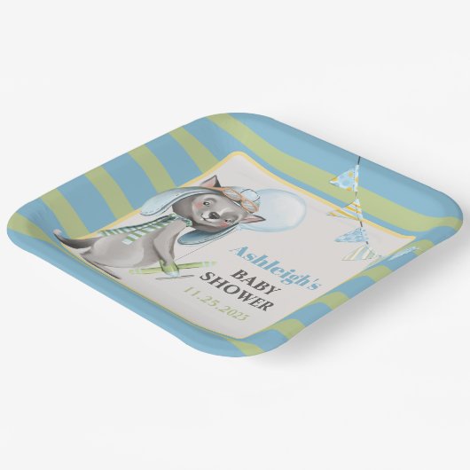 Aviator Wolf, Stripte Babydusche Pappteller (Gewinkelt)