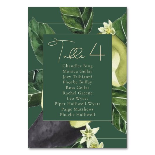 Avocado Blüten | Dunkelgrüne rustikale Sitzbezeich Tischnummer (Vorderseite)