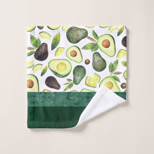 Avocado Blüten | Dunkelgrünes rustikales Fruchtmus Badhandtuch Set (Waschlappen)