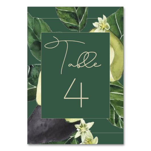 Avocado Blüten | Dunkelgrünes rustikales Obst Part Tischnummer (Rückseite)