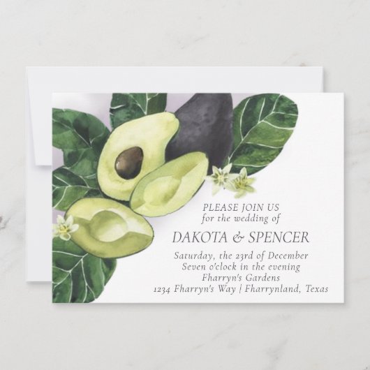 Avocado Blüten | Moody Green und Eggplant Lila Einladung (Vorderseite)