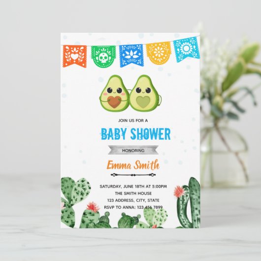 Avocado Fiesta Blauer Duschkopf Einladung (Stehend Vorderseite)