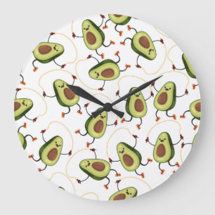 Avocado Fitness: Niedliches Vintages Muster Große Wanduhr