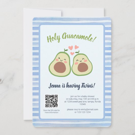 Avocado Gender Neutral QR Code Twins Baby Dusche Einladung (Vorderseite)