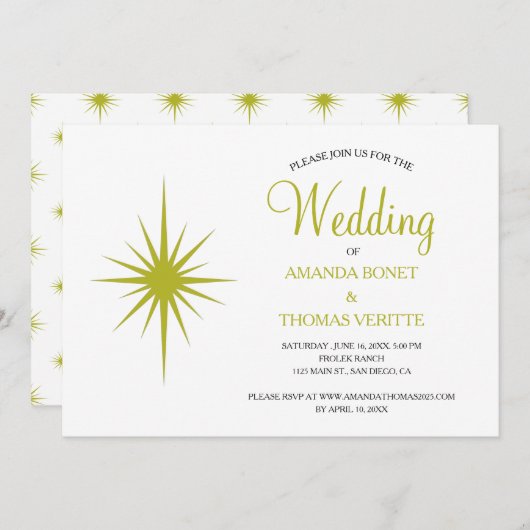 Avocado Green Atomic Sternexplosion Mitte des Jahr Einladung (Vorne/Hinten)