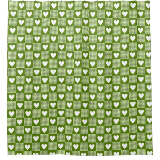 Avocado Green Gingham Heart Patch Plaid Duschvorhang (Vorderseite)