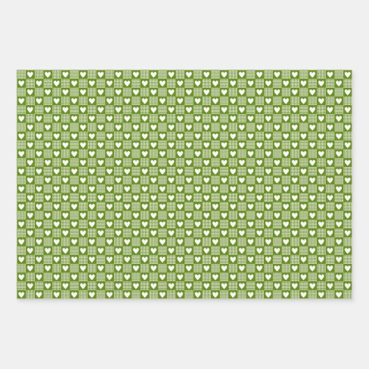 Avocado Green Gingham Heart Patch Plaid Geschenkpapier Set (Vorderseite 2)