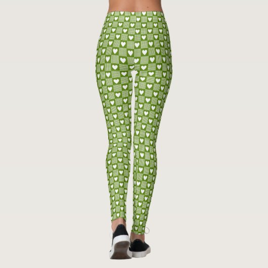 Avocado Green Gingham Heart Patch Plaid Leggings (Rückseite)
