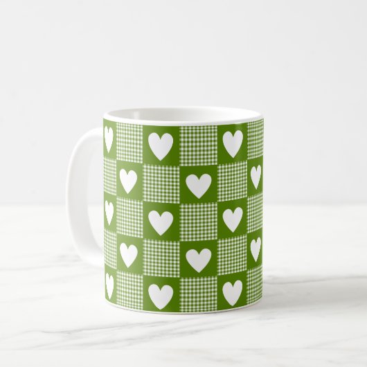 Avocado Green Gingham Heart Plaid Kaffeetasse (Vorderseite Links)