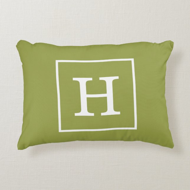 Avocado Green White Gerahmt Initial Monogram Dekokissen (Vorderseite)