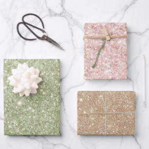 Avocado Grün Glitter Rosa Creme Gold Geburtstag Geschenkpapier Set