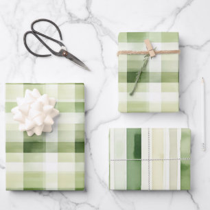 Avocado-Grün karierte Streifen Geburtstag Geschenkpapier Set