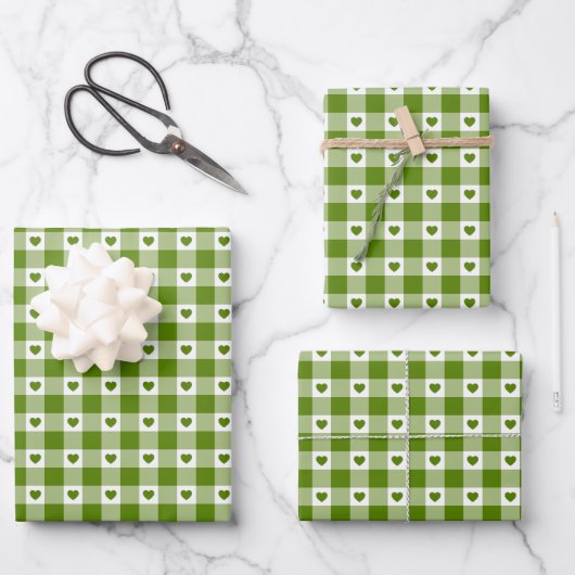 Avocado-Grünes Herz Karo Gingham Retro-Farbe Geschenkpapier Set (Vorderseite)