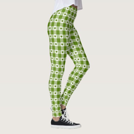 Avocado-Grünes Herz Karo Gingham Retro-Farbe Leggings (Rechts)