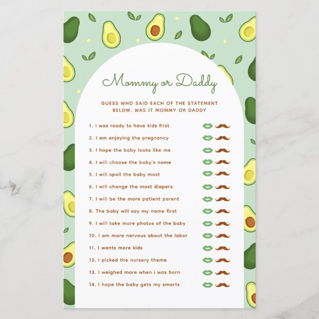 Avocado Mommy or Daddy Baby Shower Game (Vorderseite)