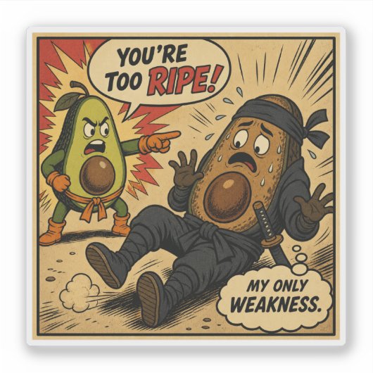 Avocado Ninja "Zu reif" — Lustiger Retro-Comic Aufkleber (Vorderseite)