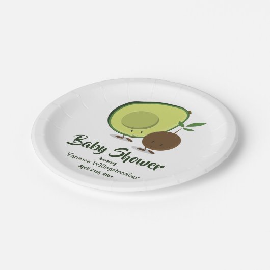 Avocado und Pit Cartoon Green White Baby Dusche Pappteller (Schrägansicht)