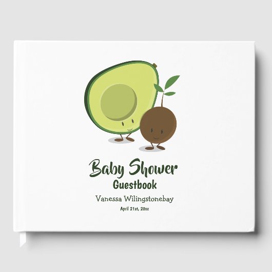 Avocado und Pit Cartoon White Green Baby Dusche Gästebuch (Vorderseite)